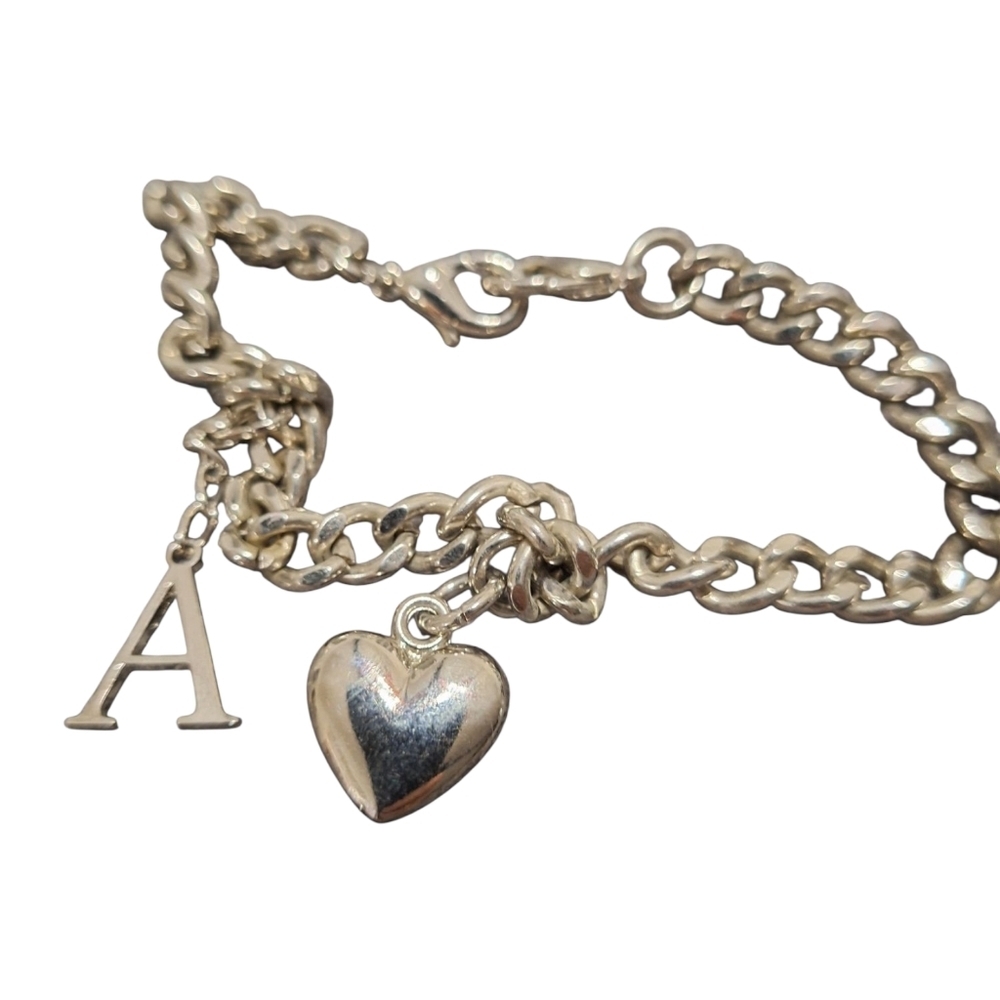Vintage Y2K Puffed Heart Silver Toned Chain Charm Bracelet "A" Charm Boho Summer